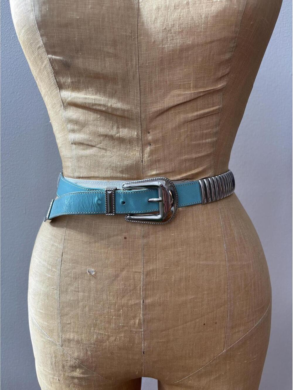 Vintage Baby Blue Leather & Silver Buckle Belt